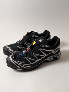 Salomon XT-6 GORE-TEX black trail shoes with Silver, yellow and blue accents